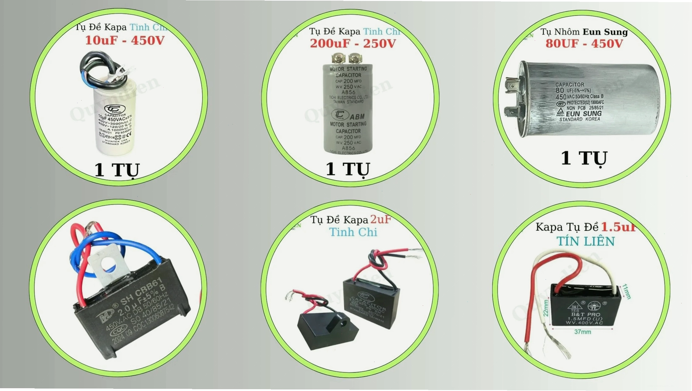 Bảng thông số các loại tụ điện cho motor 1 pha