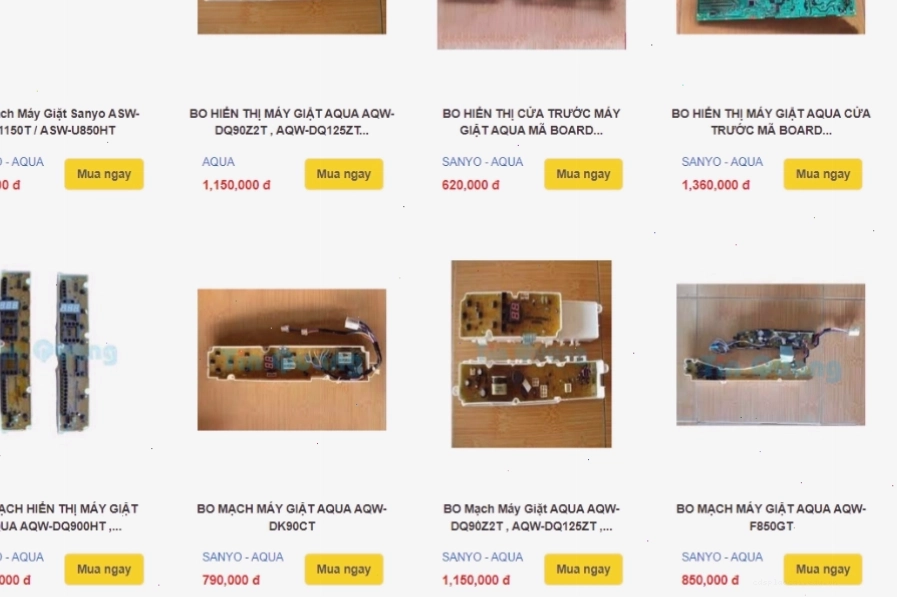 Cận cảnh bo mạch máy giặt Sanyo với các chân cắm và linh kiện được sắp xếp khoa học