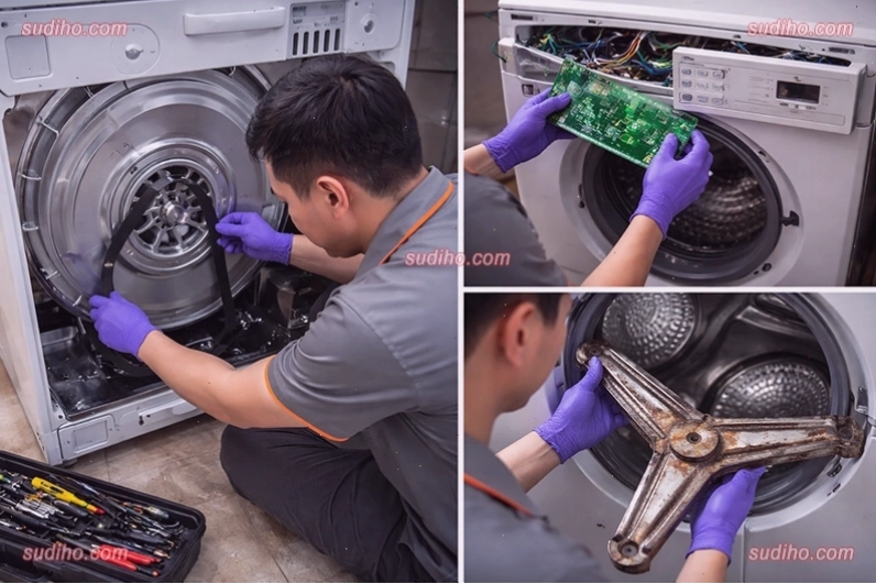 Kỹ thuật viên kiểm tra và thay dây curoa cho máy giặt