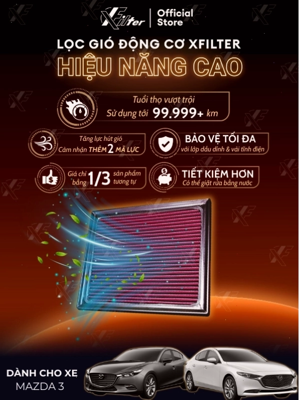 Lọc gió Xfilter hiệu năng cao cho Mazda 3, tăng lưu lượng gió nạp, độ bền cao