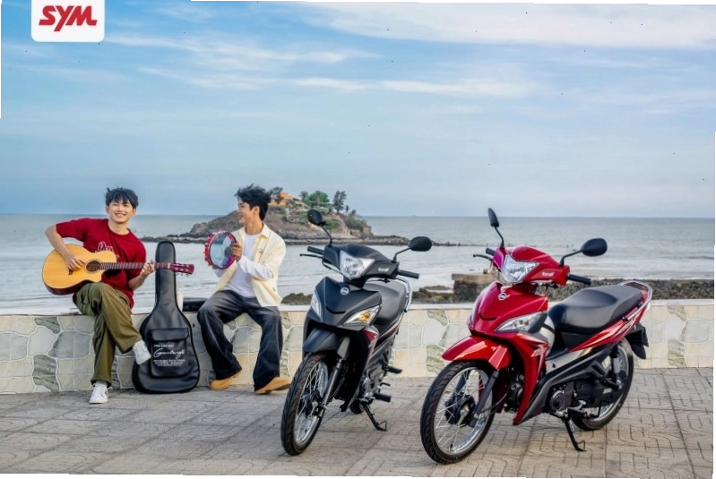 Mẫu tem xe Sym Elegant 50cc màu trắng xanh trẻ trung