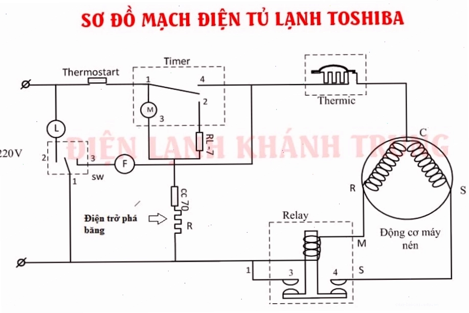 Sơ đồ mạch điện tủ lạnh Toshiba, tương tự Sanyo về nguyên lý cơ bản