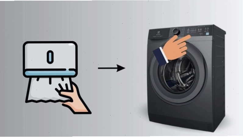 Thao tác lau khô tay và bề mặt bảng điều khiển máy giặt