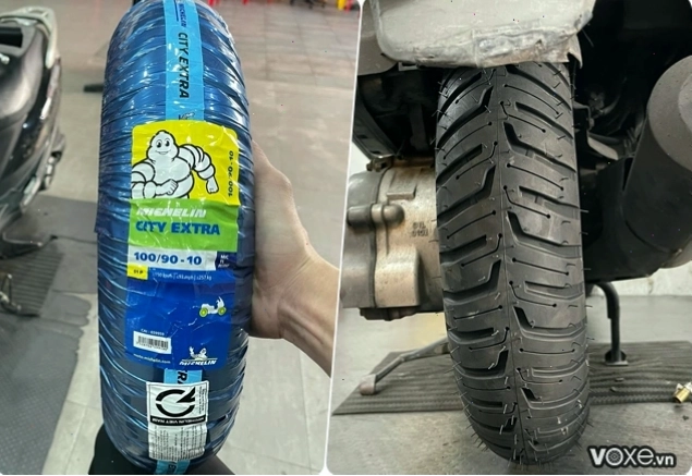 Thợ đang lắp lốp xe máy