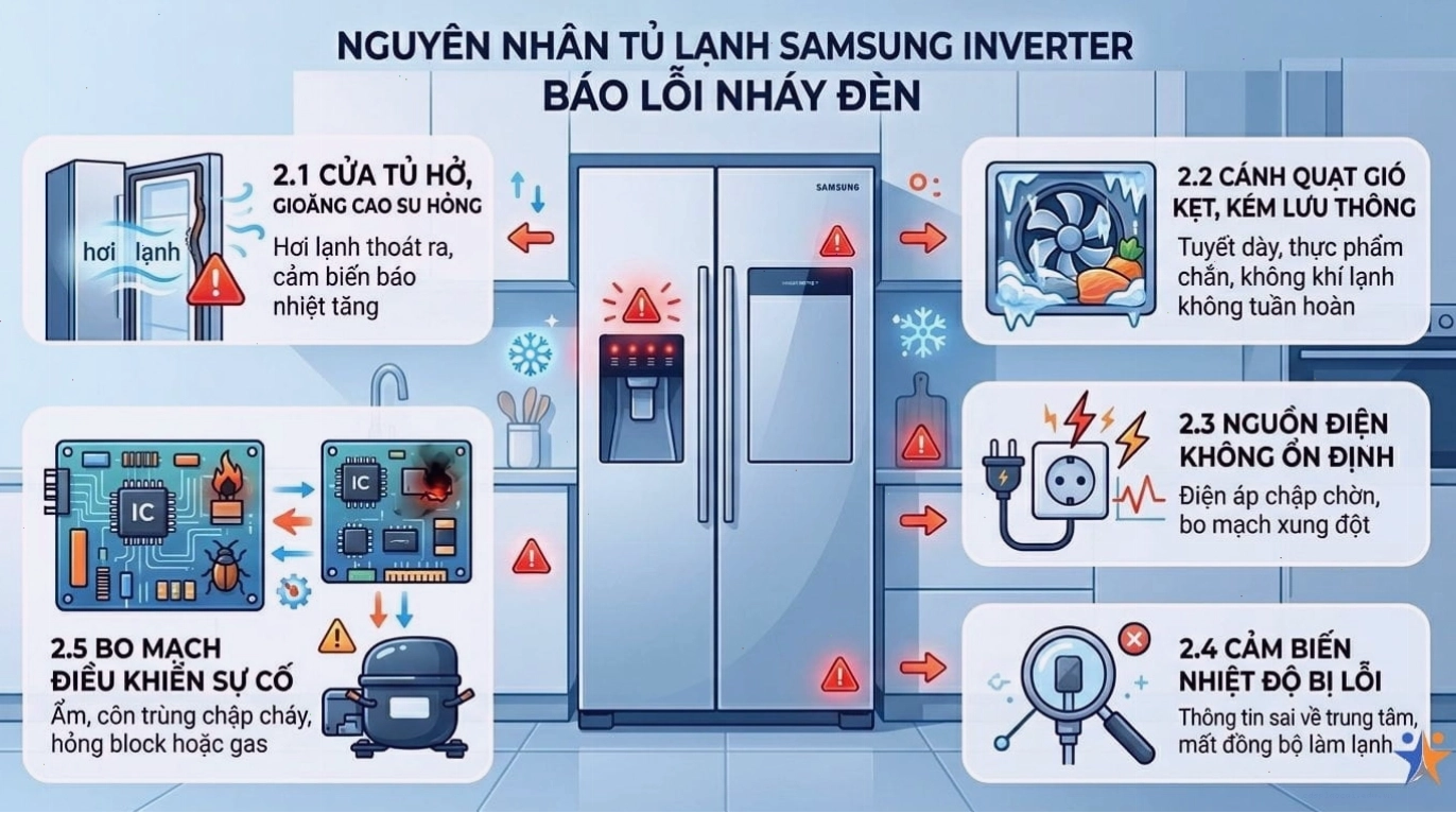 Tủ lạnh Samsung inverter báo lỗi nháy đèn