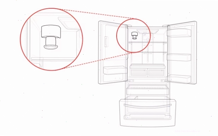 Vị trí bộ lọc nước nằm ở góc trên bên trái tủ lạnh LG